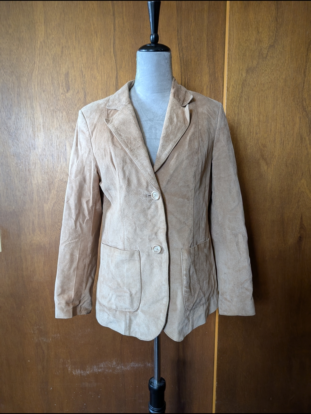 Beige Suede Blazer Jacket - Women's Tailored Two-Button Coat